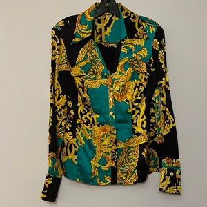 Cache Silk Snap Front Blouse in Baroque Inspired Bold Print Size Medium
